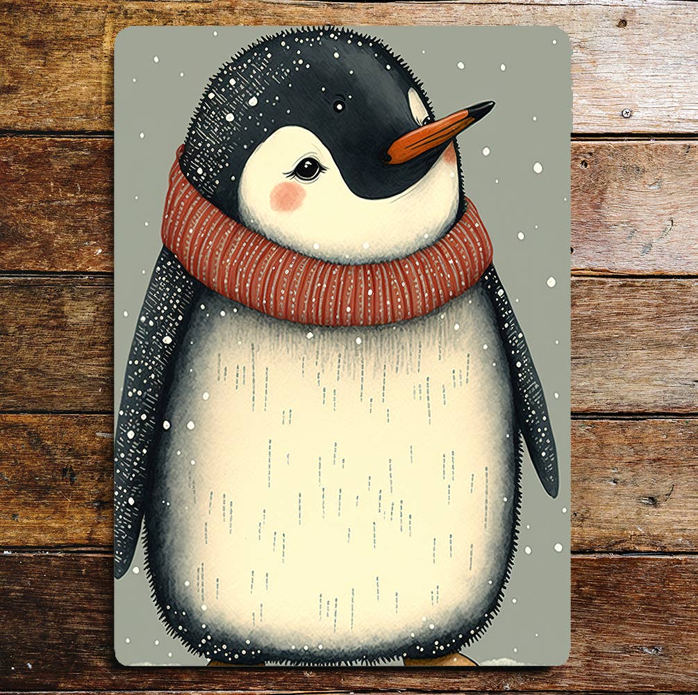 penguin red scarf winter Metal Sign Plaque