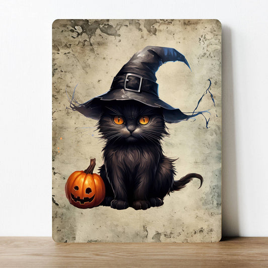 Black Cat Witch Spooky Halloween Pumpkin | Metal Sign Plaque