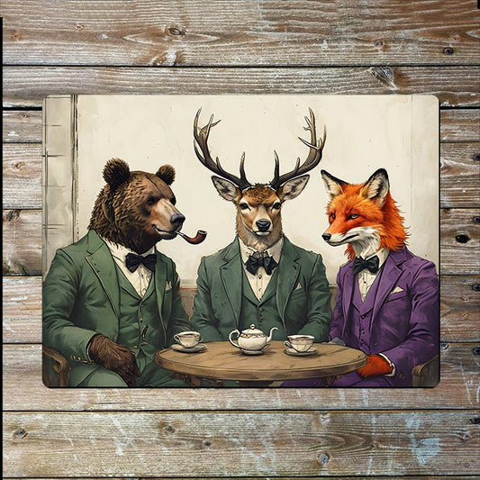 Bear Fox Stag Enjoying Tea In Cozy Cafe | Metal Sign Plaque
