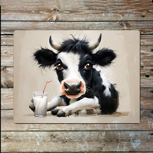 Cow Illustration With Glass of Milk | Metal Sign Plaque