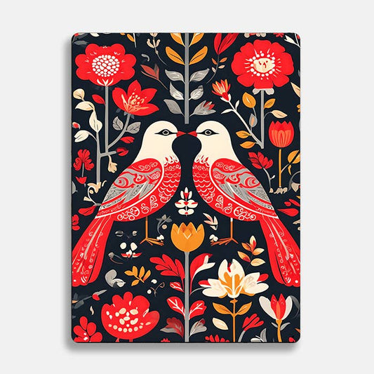 Birds Flowers Red scandinavian folk | Metal Sign Plaque