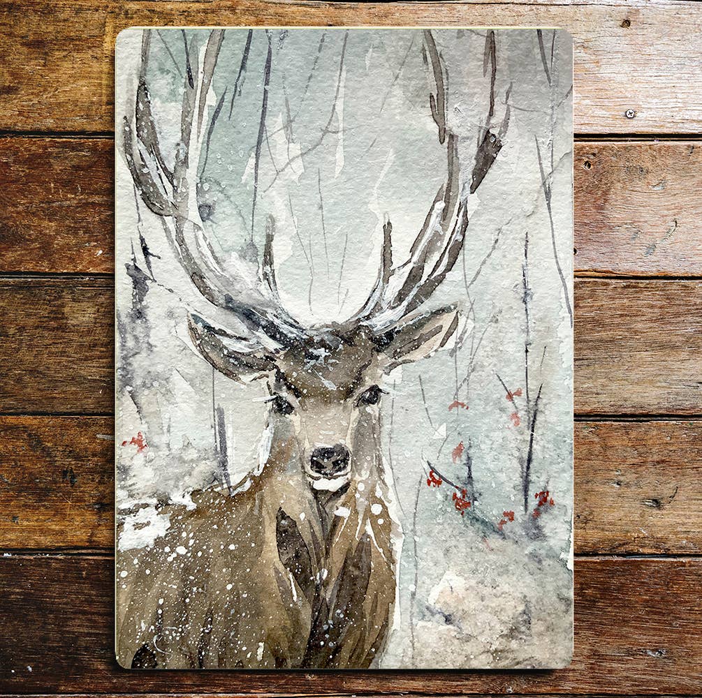 Stag Portrait Antlers Wintertime Snow Metal Sign Plaque