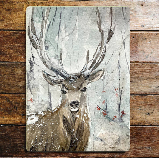 Stag Portrait Antlers Wintertime Snow Metal Sign Plaque