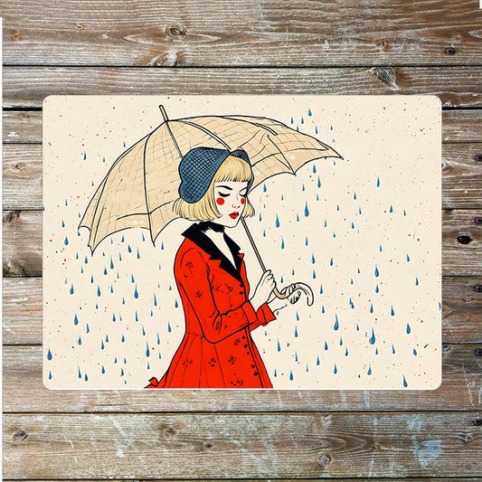 Woman With An Umbrella Raining | Metal Sign Plaque