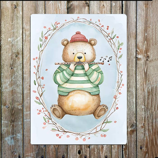 Bear Playing Flute Watercolour | Metal Sign Plaque