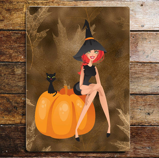 Petty Witch Pumpkin Halloween Art Metal Sign Plaque