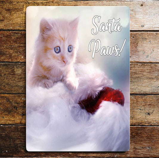 Santa Paws Cat Christmas Hat Metal Wall Sign