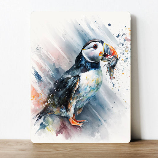 Puffin bird with a fish Watercolour Metal Sign Plaque