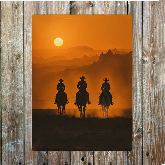 Cowboys Silhouetted Sunset | Western | Metal Sign Plaque