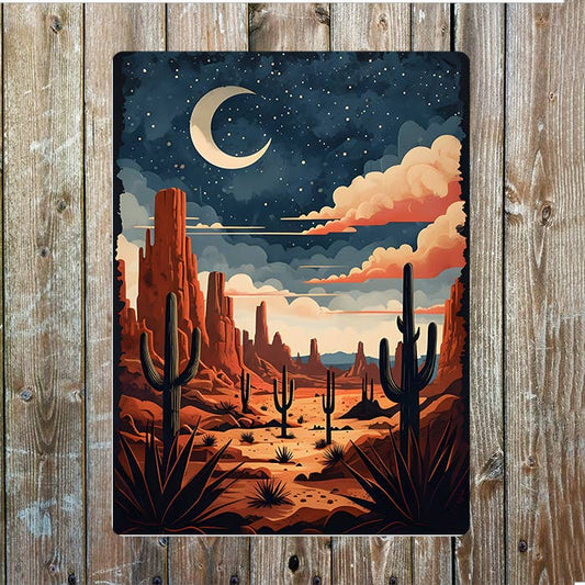 Desert Night With Cacti And Moon Western | Metal Sign Plaque