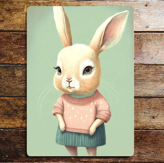 Cute Rabbit Girl Pink Jumper Big Eyes | Metal Sign Plaque