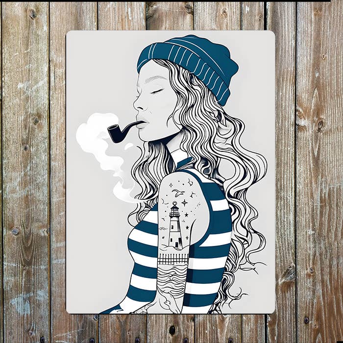 Line Art Illustration lady Sailor Nautical | Metal Sign Plaque
