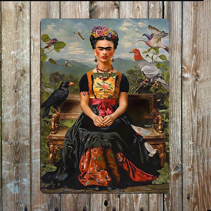 Frida Kahlo Portrait Surrounded By Birds | Metal Sign Plaque
