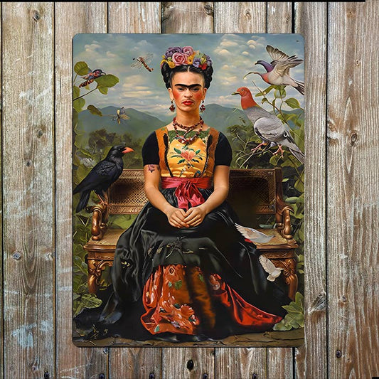 Frida Kahlo Portrait Surrounded By Birds | Metal Sign Plaque