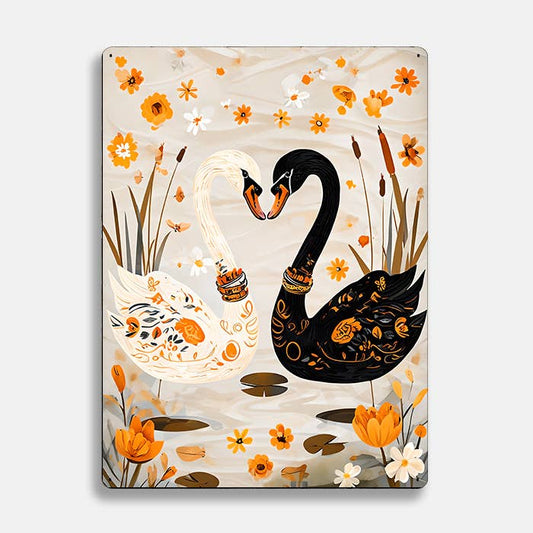 Illustration Two Swans scandinavian folk | Metal Sign Plaque