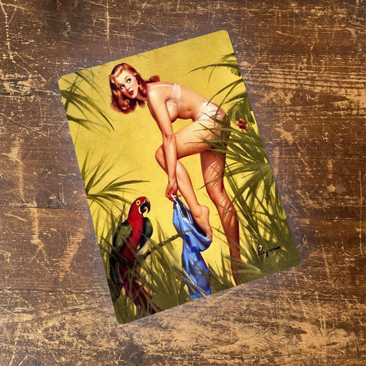 Pinup Girl Forest Parrot Metal Pin Up Wall Sign