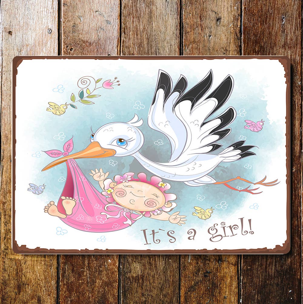 It's A Girl Cartoon Stalk Carrying Baby | Metal Sign Plaque