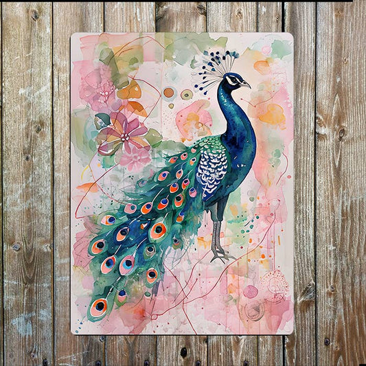 Peacock Bright Flowers | Watercolour | Metal Sign Plaque