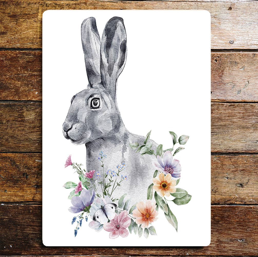 Rabbit Watercolour Animal Flower Metal Wall Sign Plaque