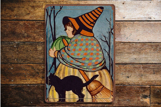 Halloween Witch Black cat | Metal Vintage Wall Sign