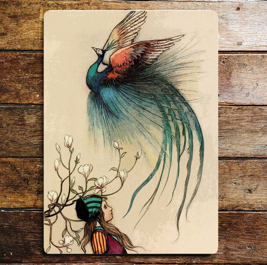 Beautiful Birds Flying Young Girl Blossoms | Metal Sign Plaque