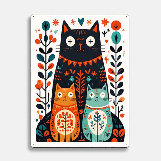 Cat Kittens Flowers scandinavian folk | Metal Sign Plaque