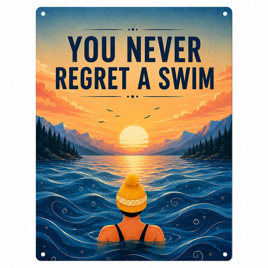 You Never Regret a Swim Metal Sign – Vintage Cold Water Swimming Wall Decor & Swimmer Gift