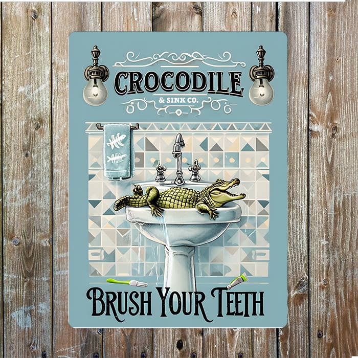 Brush Your Teeth Crocodile Bathroom | Metal Sign Plaque