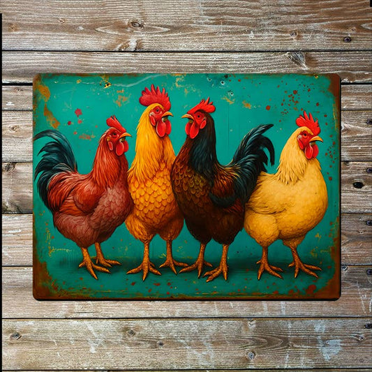 Four Colourful Roosters | Farmhouse | Metal Sign Plaque