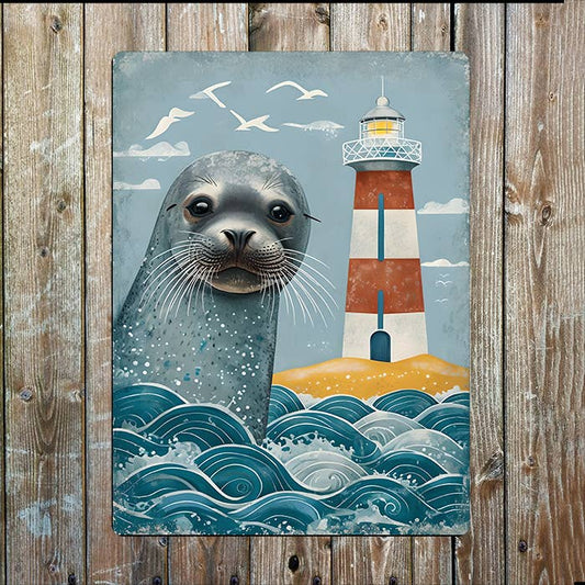 Illustration Seal Lighthouse Sea Nautical | Metal Sign Plaque