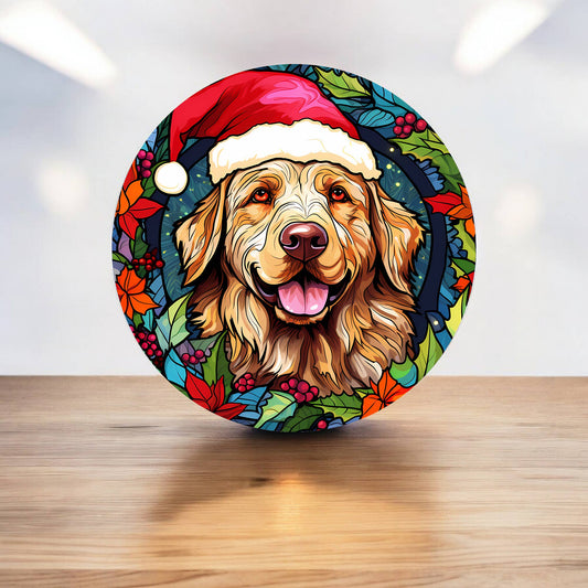 Dog Golden Stained Glass Effect Xmas Circle Metal Sign