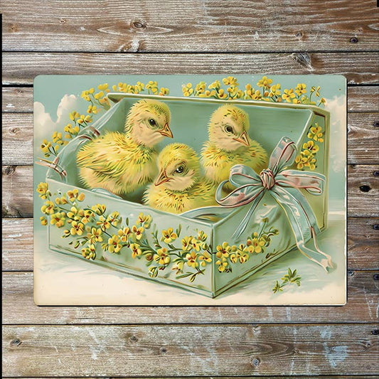 Vintage Easter Chicks And Floral Box | Metal Sign Plaque