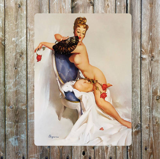 Pink up Girl with Fan and Roses Metal Wall Sign