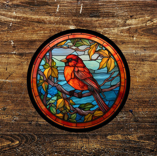 Robin Auntumn Stained Glass Mural Affect Circle Metal Sign