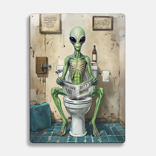 Alien Sitting On Toilet Bathroom UFO | Metal Sign Plaque