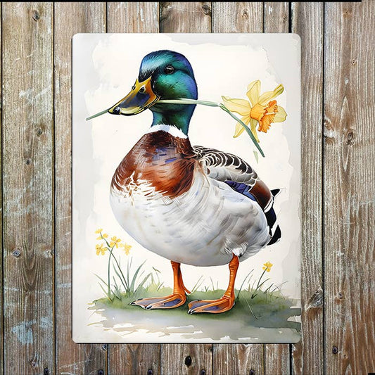Duck Holding Daffodil Watercolour Spring | Metal Sign Plaque