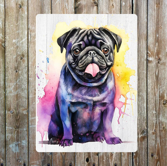 Black Pug Watercolour Splash Purple | Metal Sign Plaque