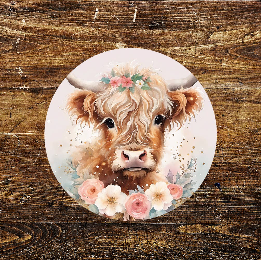 Baby Cow Cute Stained Glass affect Circle Metal Sign