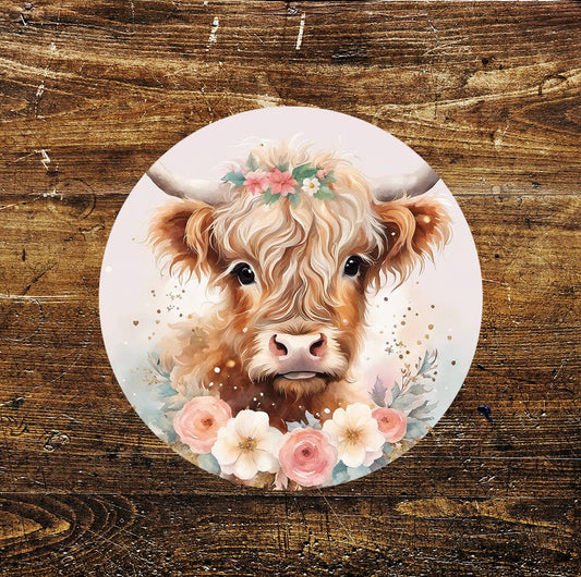 Baby Cow Cute Stained Glass affect Circle Metal Sign