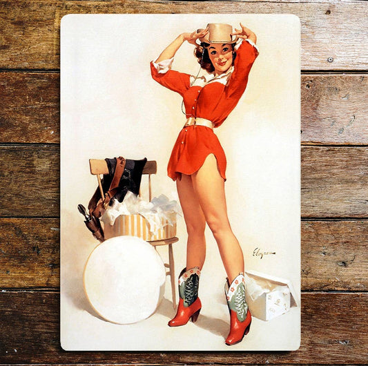 Cowgirl Red Dress Pin Up Girl | Metal Wall Sign Plaque
