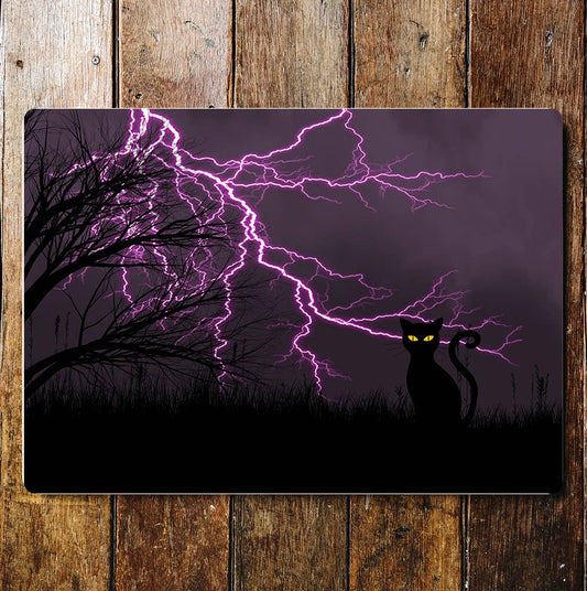 Lightening Striking Tree Storm Black Cat | Metal Sign plaque