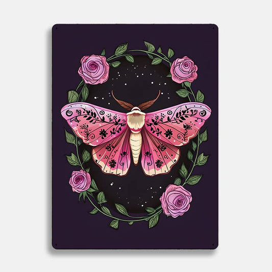Moth Vines Lavender Rose scandinavian folk | Metal Sign Plaque