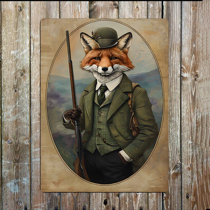 Vintage Illustration Fox Hunting Clothes | Metal Sign Plaque