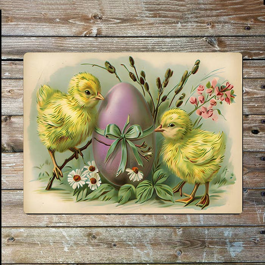Vintage Easter Chicks And Lavender Egg | Metal Sign Plaque