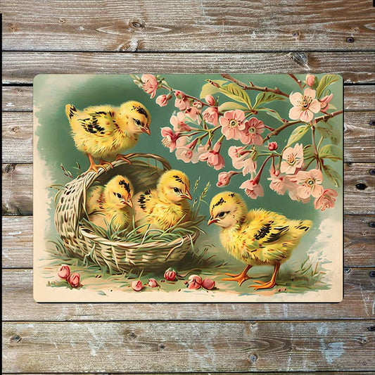 Vintage Easter Chicks In A Basket | Metal Sign Plaque