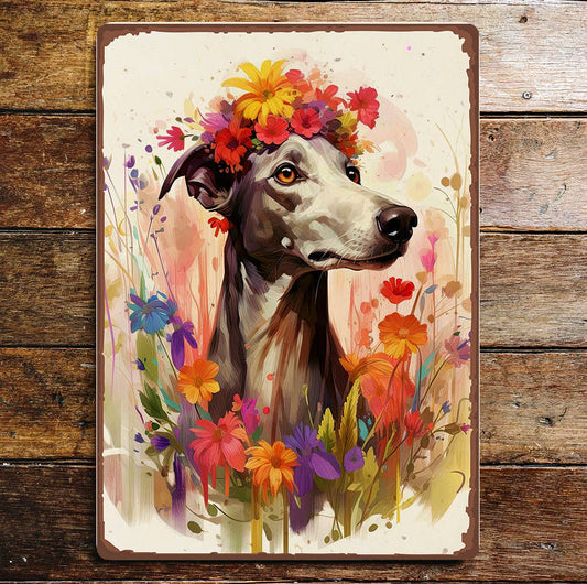 Greyhound Whippet Colour Splash Flowers | Metal Sign Plaque