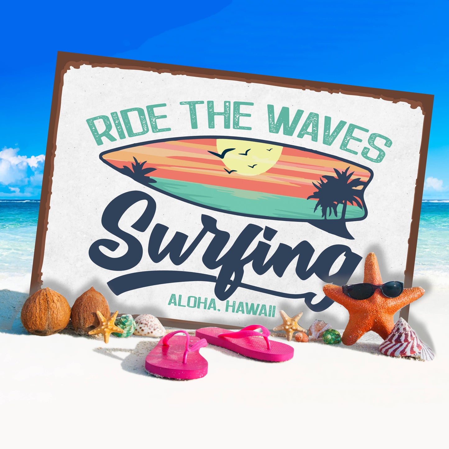 Ride The Waves Surfing Summer Beach Metal Wall Sign Plaque