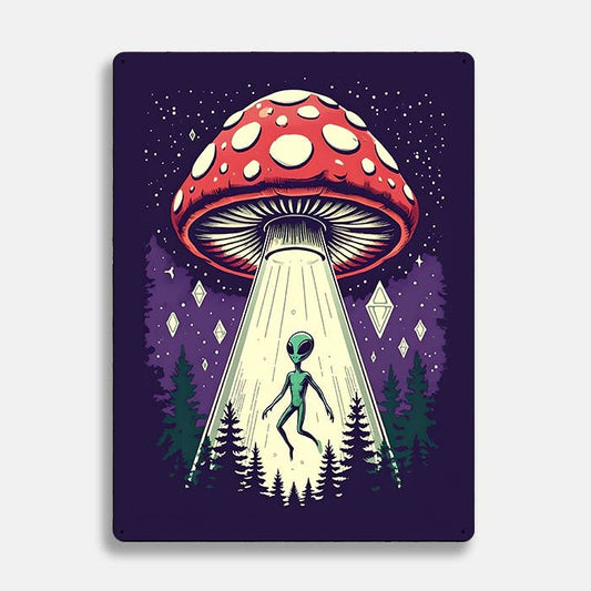Mushroom UFO Green Alien In Starry Night | Metal Sign Plaque