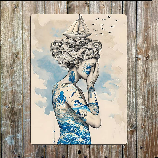 Surreal Illustration women sea Nautical Metal Sign Plaque