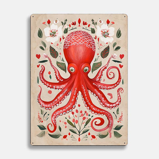 Red Octopus scandinavian folk Metal Sign Plaque
